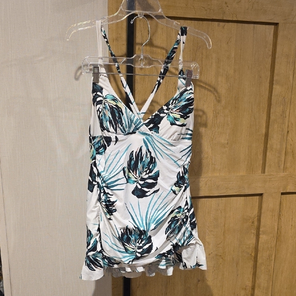 (J29) Tropical Print Ruffle Hem Swimsuit Sz 14